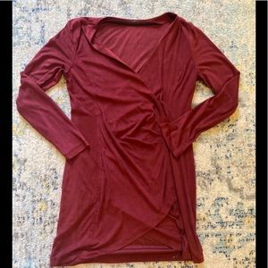 Burgundy stretch faux suede cinched mini dress